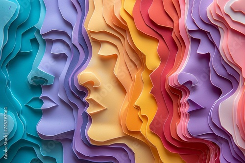 Psychedelic paper shapes with human head profiles