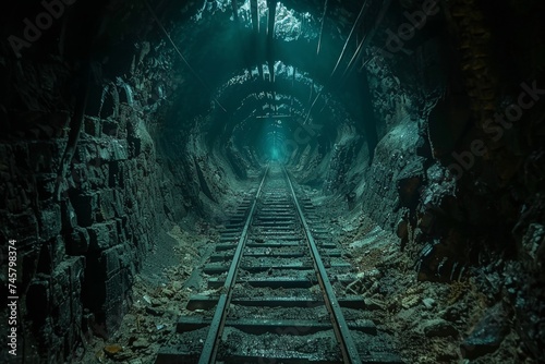 Cinematic portrayal of old mine shafts, focusing on the depth and mystery