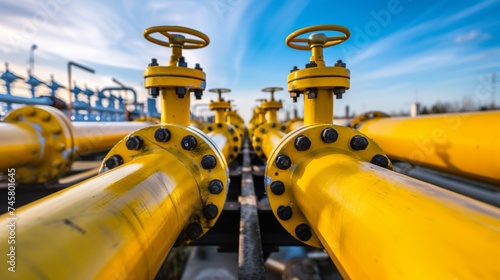 Industrial Yellow Gas Pipeline Against Blue Sky, Vivid yellow gas pipelines with valves and fittings, installed outdoors against a clear blue sky with light cloud cover.