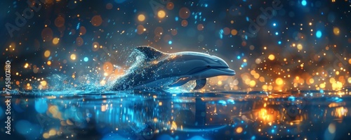 A mystical scene of a dolphin emerging from a hypnotic, kaleidoscopic sea under the guidance of a fortune teller