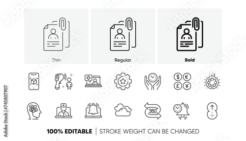 360 degree, Reminder and Settings gear line icons. For web app, printing. Line icons. Vector