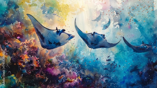 A watercolor masterpiece of a jungle oasis, where manta rays swim in a spectrum of colors during the monsoon season