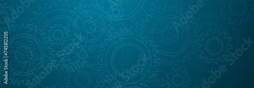 Abstract illustration with a pattern of large and small gears, in white colors on a light blue background