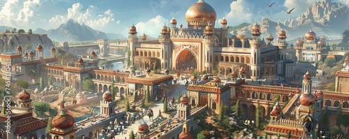 Persian Empires golden age with advanced technology hovering palaces and robotic guardians amidst ancient architecture