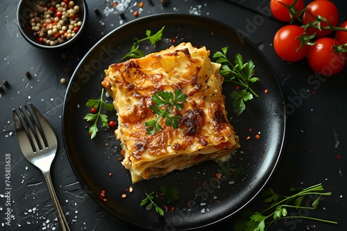 Lasagna on a black background top view Italian Cuisine. Concept Food Photography, Top-Down Shot, Italian Dish, Black Background, Lasagna