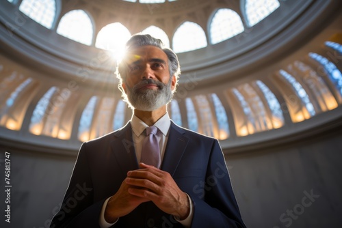  Thoughtful Bahá'í Faith leader engaging in interfaith dialogue inside a modern American temple
