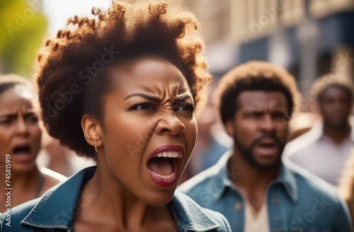 angry black protester screaming on street. female activist protesting against rights violation