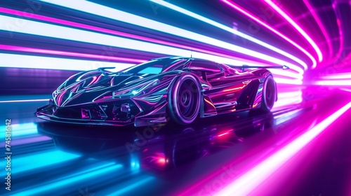 A futuristic sports car emerging from a whirlwind of neon lights, exuding power and sophistication in every curve.