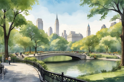 New York city Central park in 1930s watercolor background