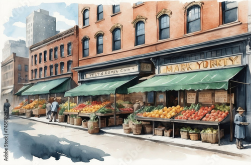 New York city market in 1930s watercolor background