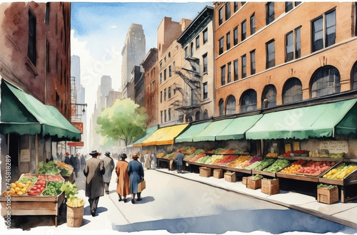 New York city market in 1930s watercolor background