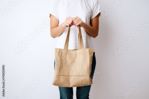 Cropped view of a woman showcasing a reusable jute bag, promoting sustainable and environmentally-friendly shopping habits. Woman Holding Eco-Friendly Jute Bag