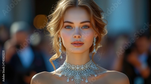 Red Carpet Debut. A Hollywood starlet graces the red carpet adorned in a breathtaking diamond ensemble, including a statement necklace, dazzling earrings, and an exquisite diamond-studded bracelet.