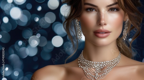 Red Carpet Debut. A Hollywood starlet graces the red carpet adorned in a breathtaking diamond ensemble, including a statement necklace, dazzling earrings, and an exquisite diamond-studded bracelet.