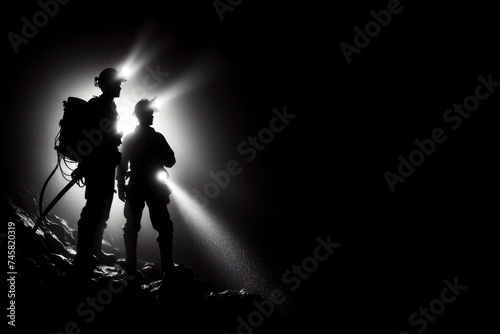 Silhouette of Miners with headlamps underground mine solid black background. ai generative