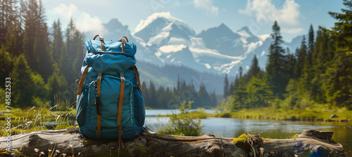 Travel backpack on a forest log against the backdrop of a mountain landscape. The concept of hiking and traveling in spring