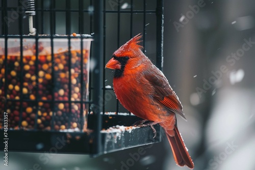 Bright red male northern cardinal songbird perched bird on a backyard feeder. 