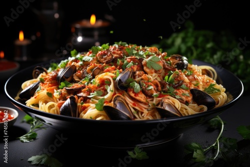 Classic Italian pasta fusilli marinara with green olive mussels and capers on the , generative IA