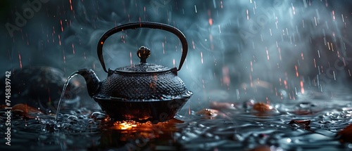 A cozy teapot set amidst a thunderstorm creating a feeling of warmth and comfort against the dramatic weather