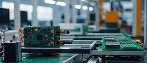 Electronic Boards, Chips, and Microscope Component Installation Automated Assembly Line Electronics Production Industry with High-Precision Robotics 