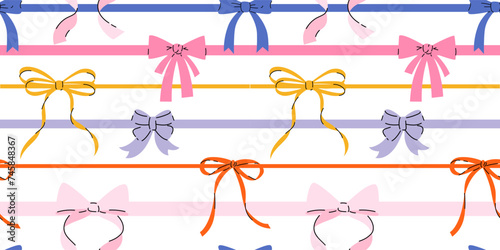 Seamless pattern with various cartoon bow knots, gift ribbons. Trendy hair braiding accessory. Hand drawn vector illustration. Holiday background.