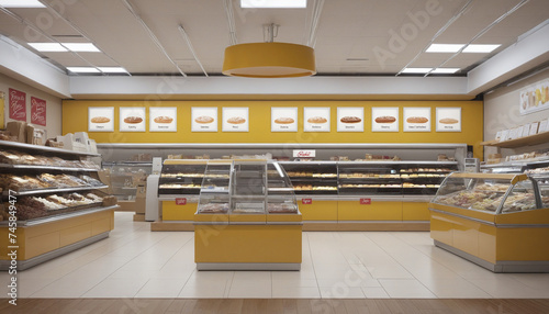 generic supermarket bakery or grocery and sweets shop with blank empty signboard mockup.
