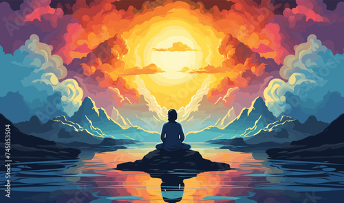 Meditation Under Psychedelic Skies isolated vector style illustration