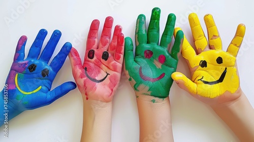 We painted children's hands in different colors with smiley faces. children's hands in paints and with emoticons