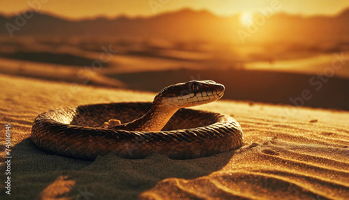 Snake in the sand in desert at sunset. 