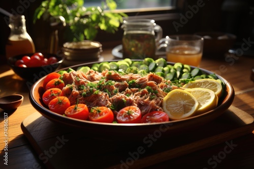 Side -sighted tuna salad with cannon cable capers tomatoes and lemon slice in a wo, generative IA