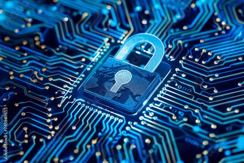 Blue lock on a circuit board representing security - A conceptual image of a blue lock symbol on a detailed circuit board background, signifying digital security and data protection