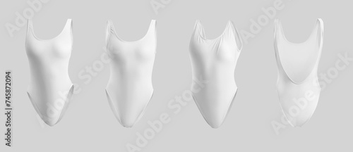 White sports swimsuit mockup 3D rendering, fashion bodyless monokini set, for design, branding, pattern, front, back view.