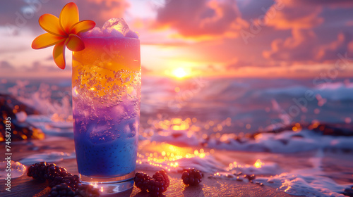 alcoholic cocktail with fruits on the background of the beach