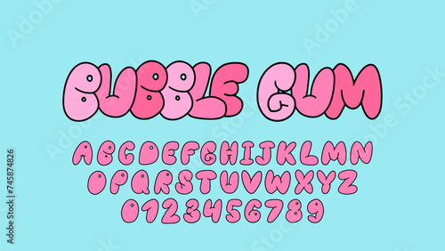 Playful pink bubble font inspired by 90s and Y2K themes. Puffy cartoon letters perfect for trendy and fun designs. Includes uppercase letters, numbers, and symbols.