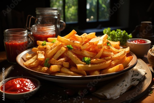 Superior view of chips on the plate with ketchup and copy the space, generative IA