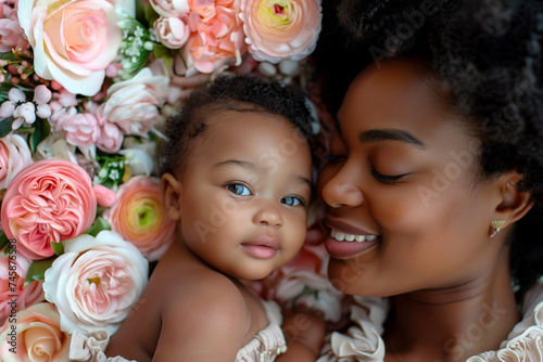 close up of an Affectionate African American Mother and Baby Among Soft Floral Backdrop