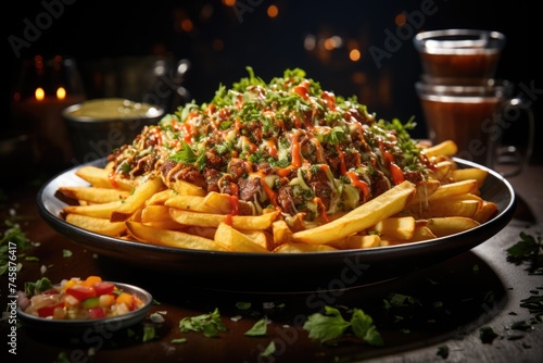 Delicious superior view fries with seasonings in the dark background potato hambur, generative IA