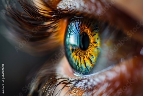 Macro photo of a human iris revealing intricate patterns and the unique coloration of the eye