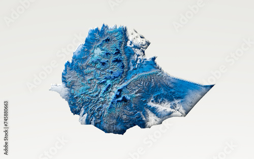 3d Deep Blue Water Ethiopia Map Shaded Relief Texture Map On White Background 3d Illustration