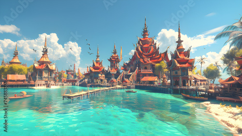 Ocean Thai ancient architecture market huge statues third-person perspective pirate island