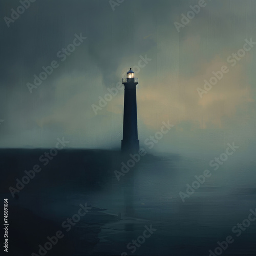 Single lighthouse standing resilient against a backdrop of a mist-covered
