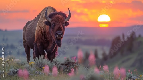 american bison standing ontop a hill as the sun is going down.