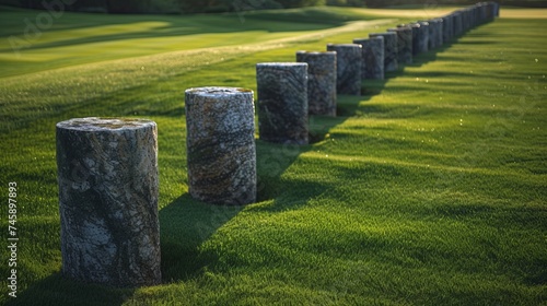 groups of black-veined marble pillars standing vertically on the perfectly flat grass of a golf course