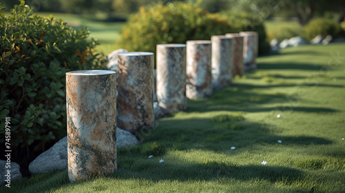 groups of black-veined marble pillars standing vertically on the perfectly flat grass of a golf course