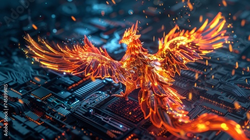 A digital phoenix emerges in flames over a landscape of intricate computer circuit boards, symbolizing rebirth and technology.
