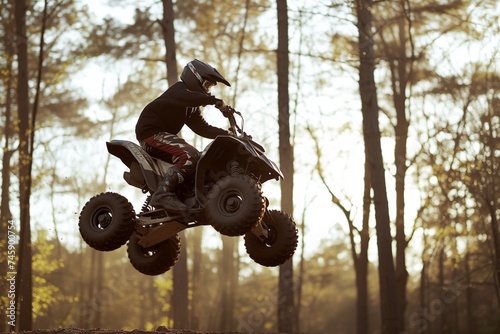 rider performing a wheelie on an atv in a clear forest area
