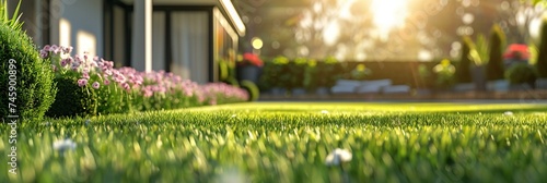 The morning sun shines on the green lawn, The backyard for the background, the meadow grass, The design concept for background. Panoramic