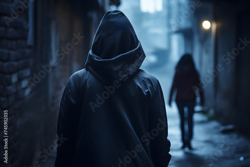 Man in hood following woman at night. Concept for crime, stalking and sexual assault