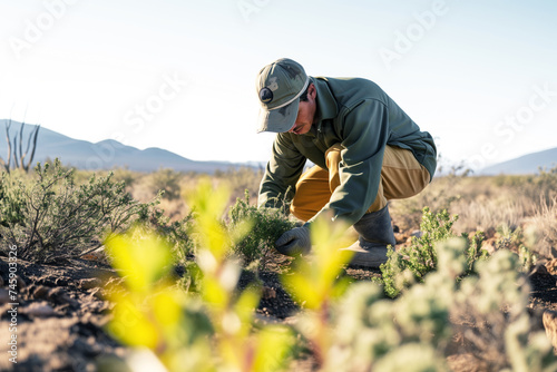 conservationist planting shrubs to resist desertification during calm