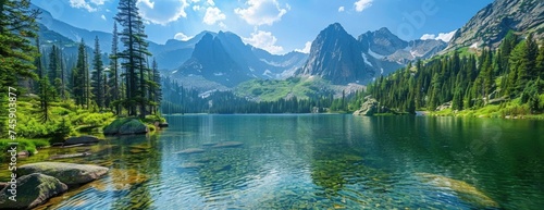 Pristine Mountain Lake with Ancient Pines and Rugged Mountains